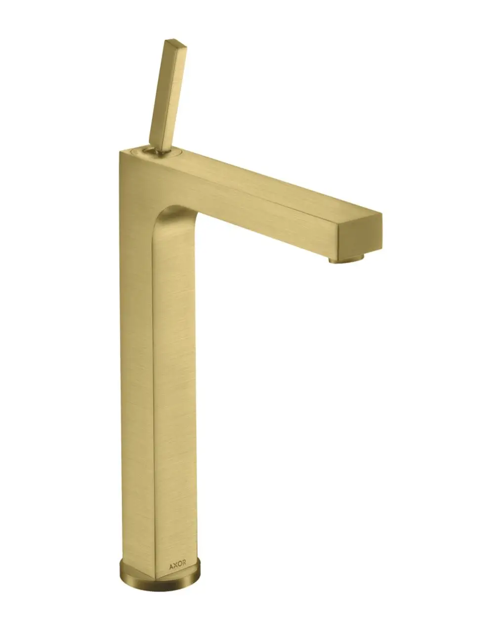 Einhebel-Waschtischmischer in gebürstetem Messing. Axor-Design mit quadratischem Auslauf und seitlichem Hebel zur Temperatur- und Mengeregulierung.